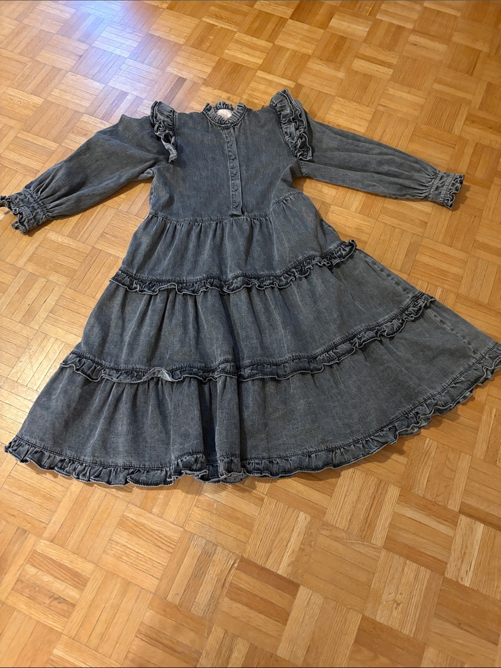 Petite Amalie Girls' Ruffled Tiered Denim Dress - Gray NWOT